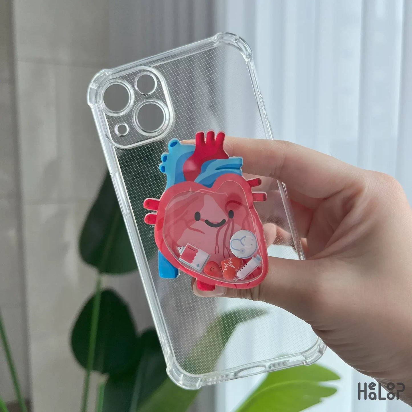 Cute anatomical heart shaker phone grip on clear case, durable acrylic phone stand