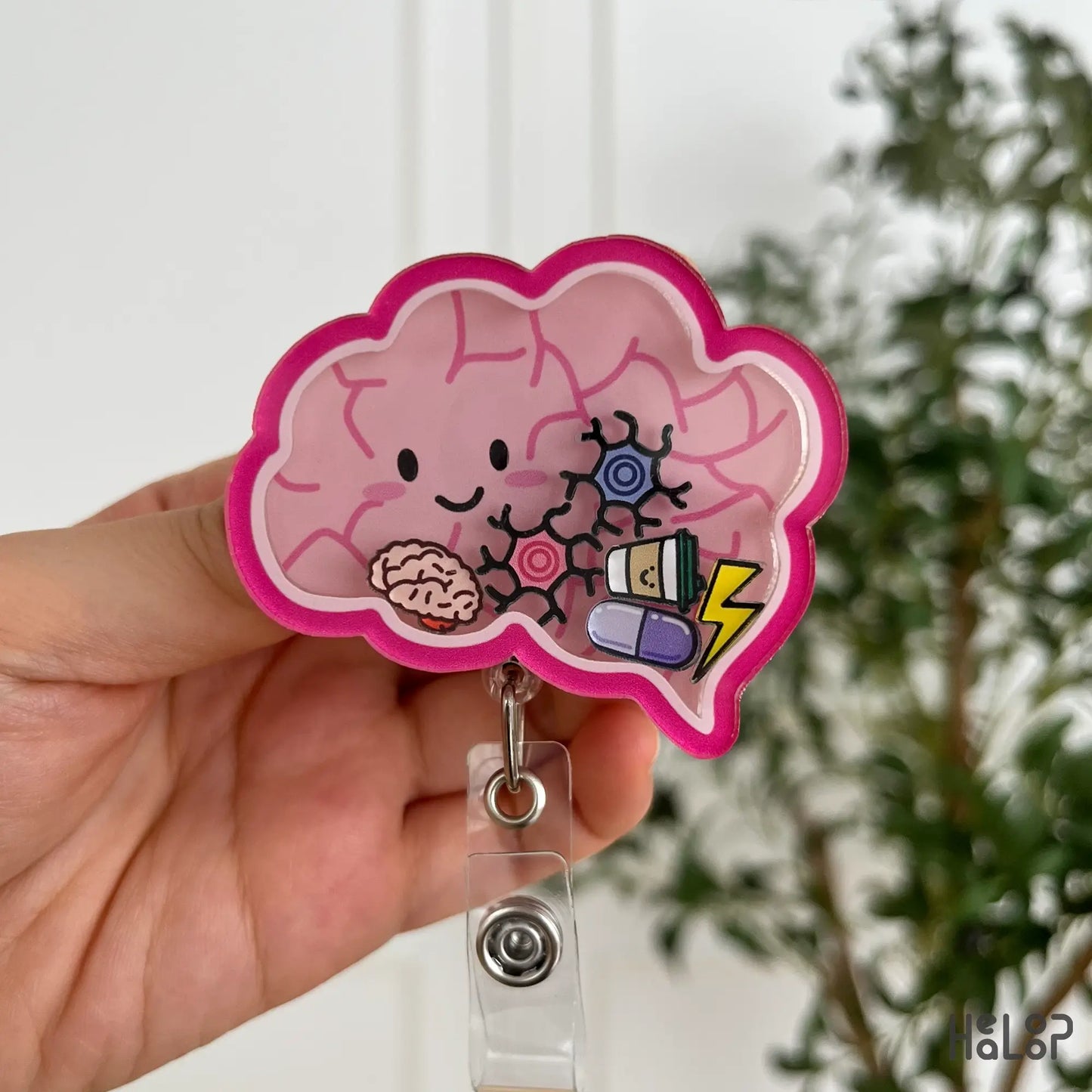 Brain shaker badge reel with mini brain charms – unique nurse accessory