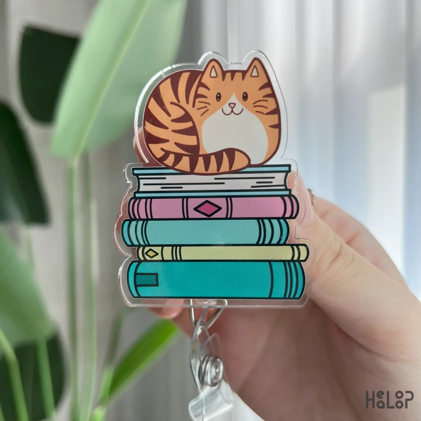 Cat sitting on stack of books retractable badge reel, acrylic bookish ID badge reel