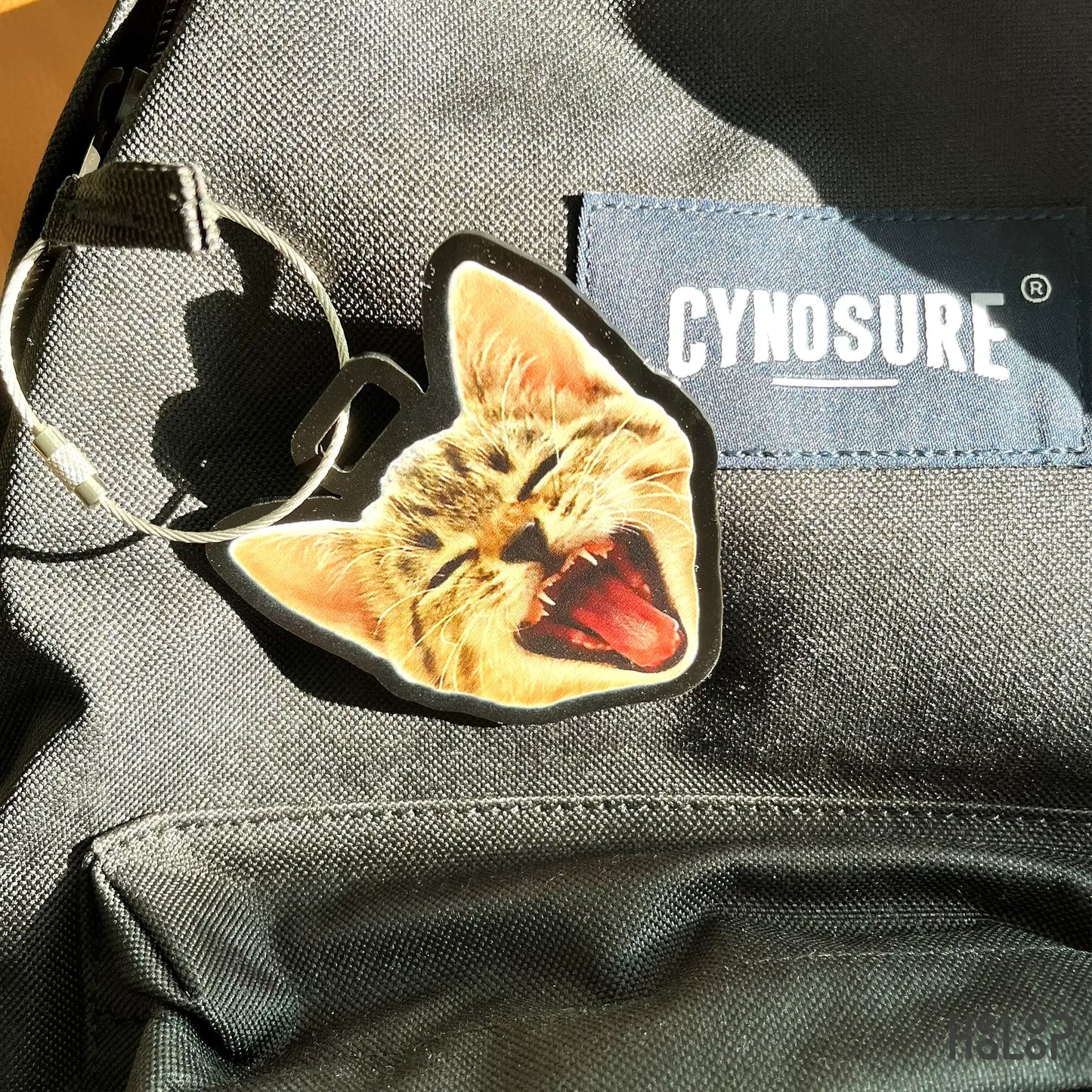 Custom cat luggage tag attached to backpack, perfect travel accessory