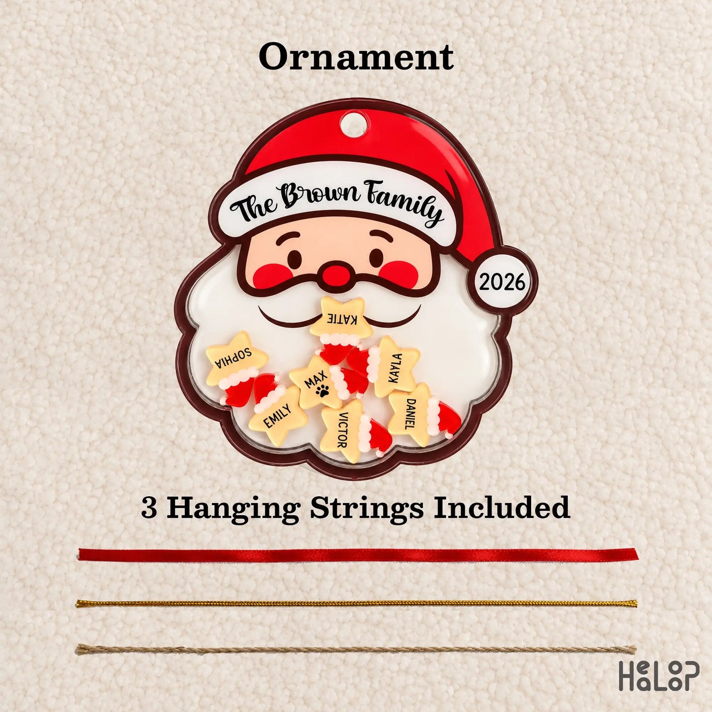 Custom family Christmas shaker ornament with personalized member name charms and hanging strings