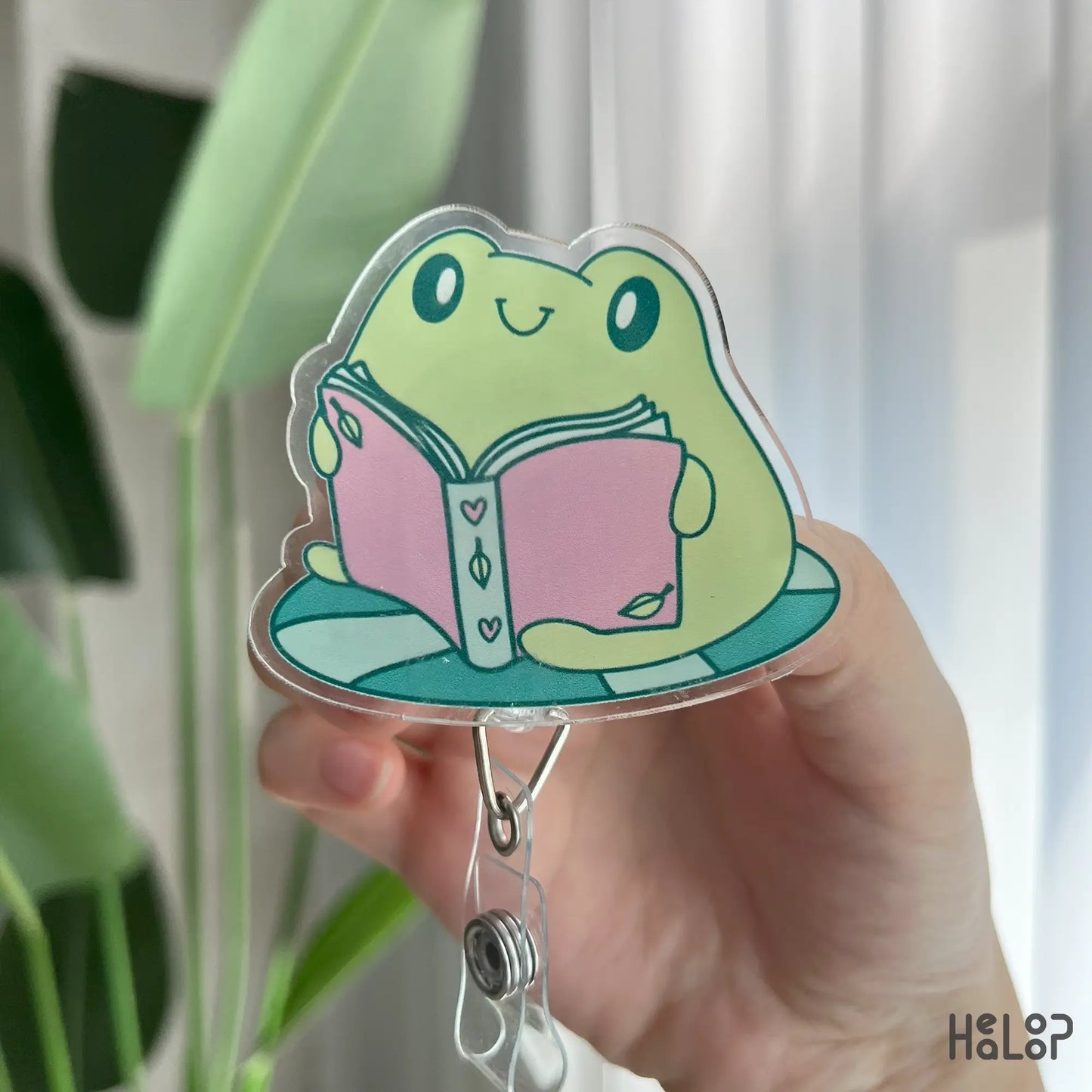 Cute frog reading book badge reel, kawaii retractable ID badge reel for nurses, teachers, and book lovers