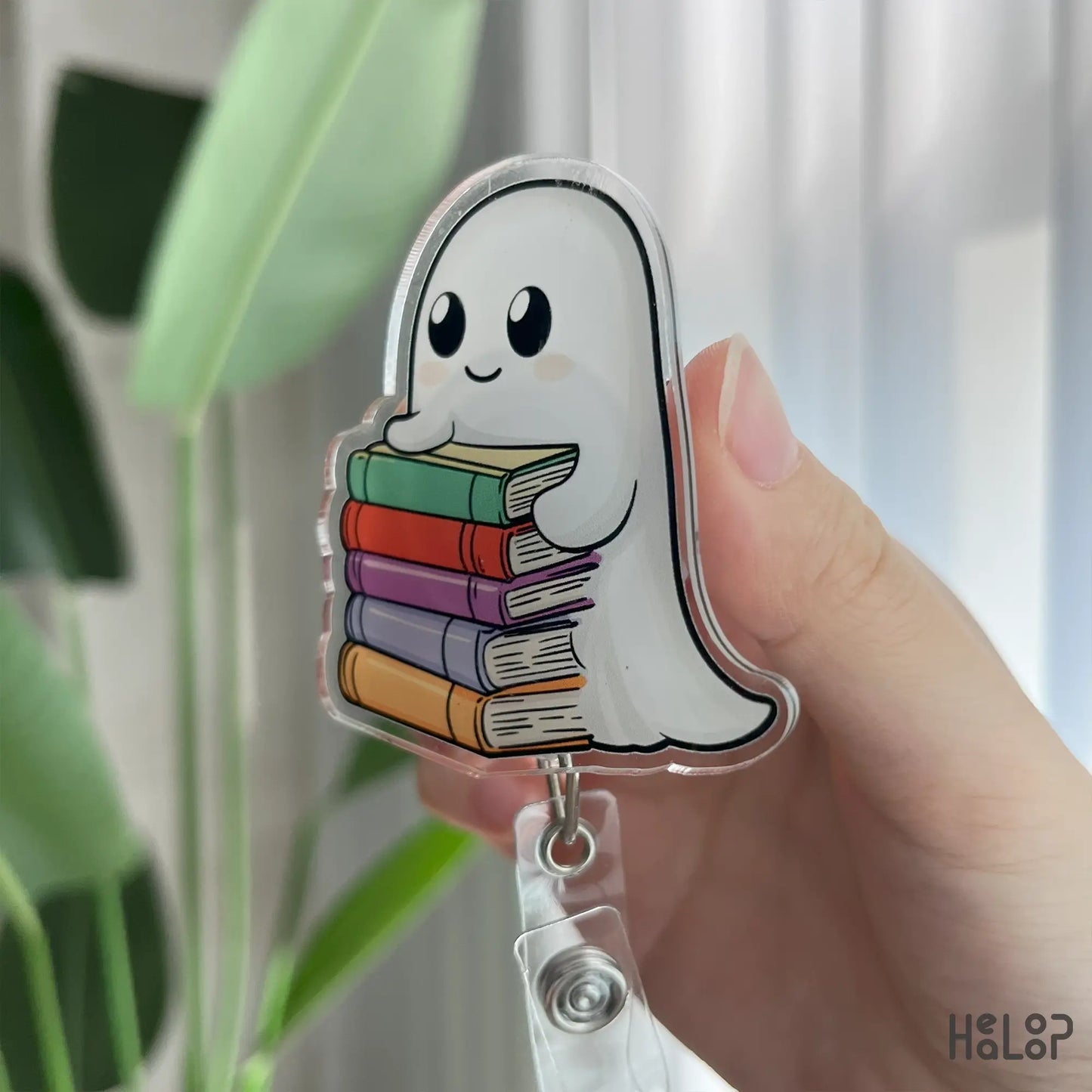 Side view of ghost bookish acrylic badge reel