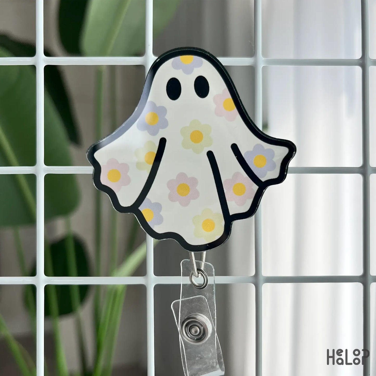 Floral ghost retractable badge reel on grid, kawaii Halloween nurse ID accessory