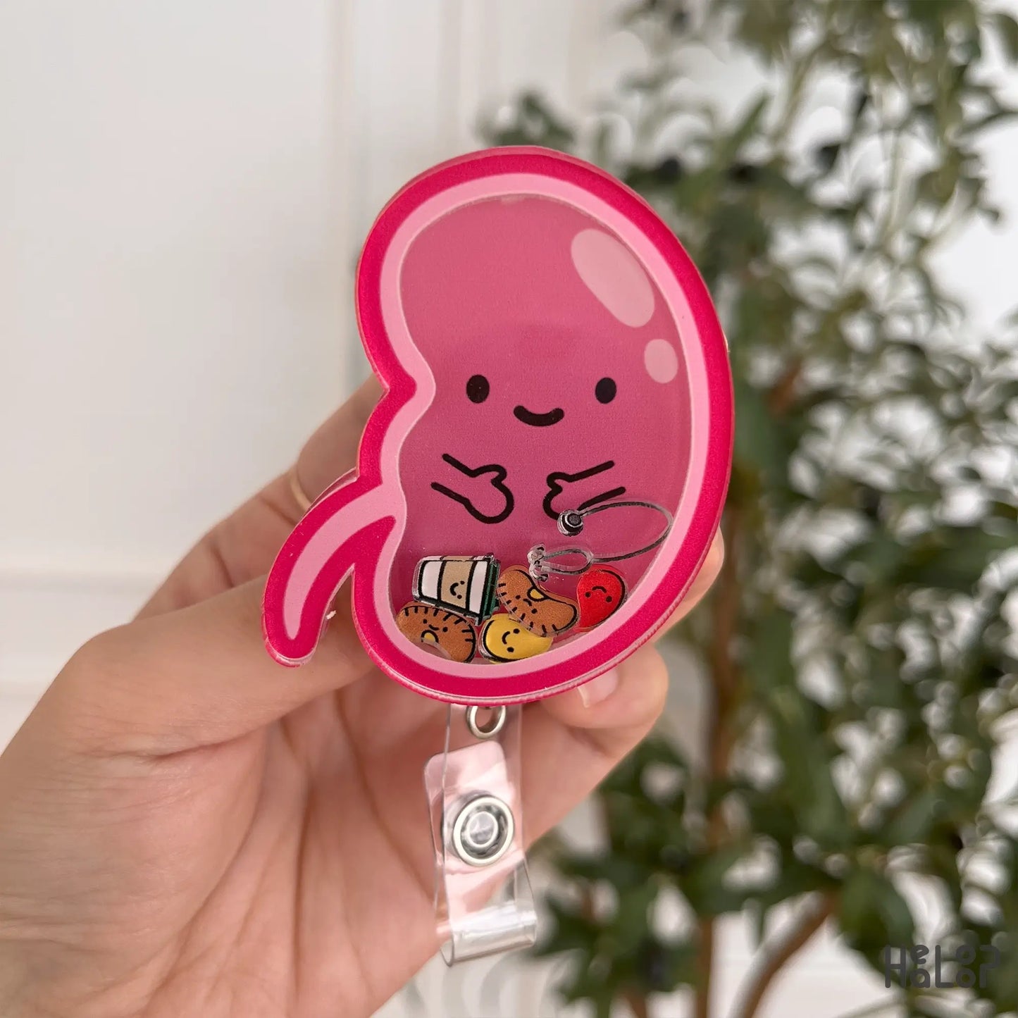 Front view of retractable clip on kidney badge reel