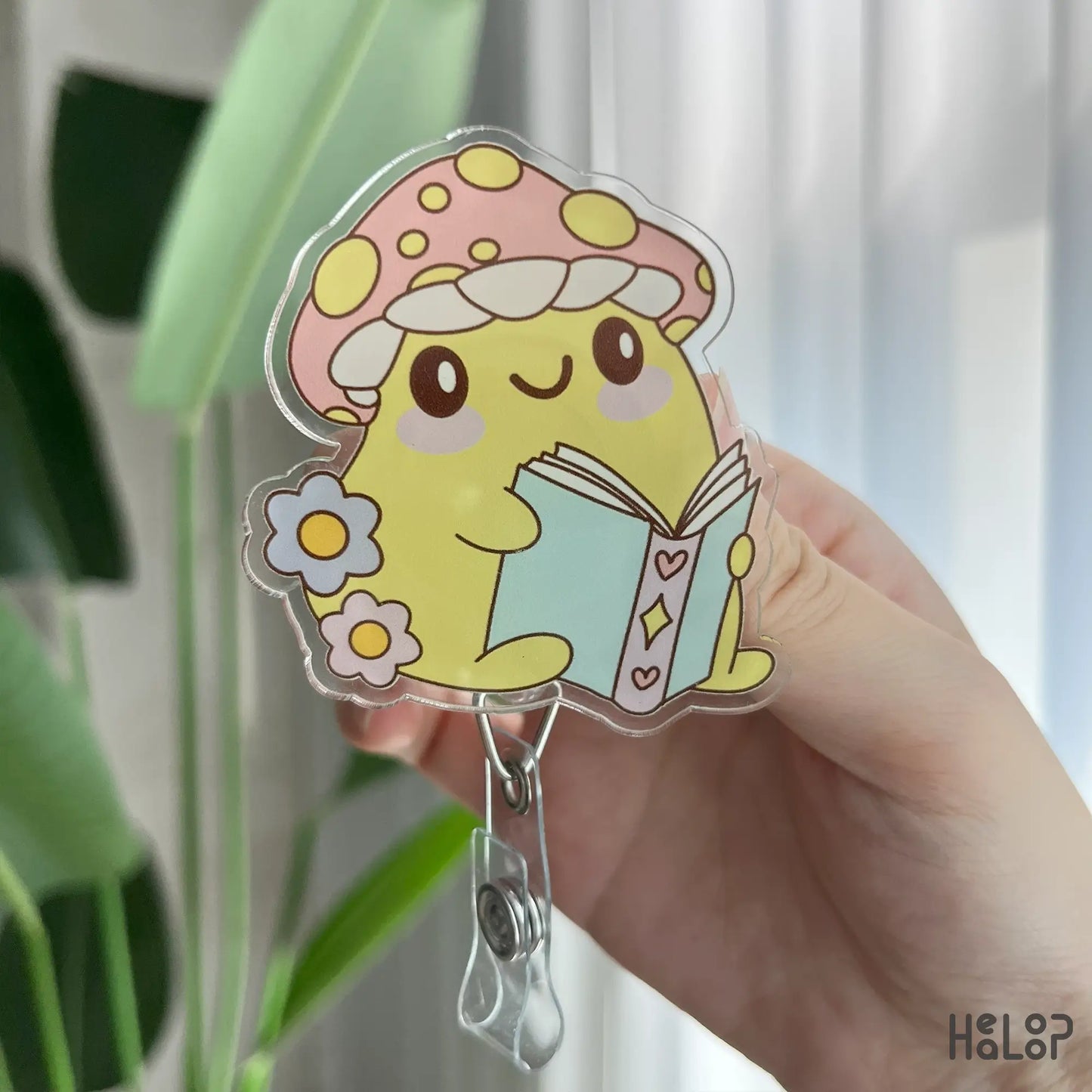 Mushroom character bookish badge reel, cute retractable acrylic ID badge reel