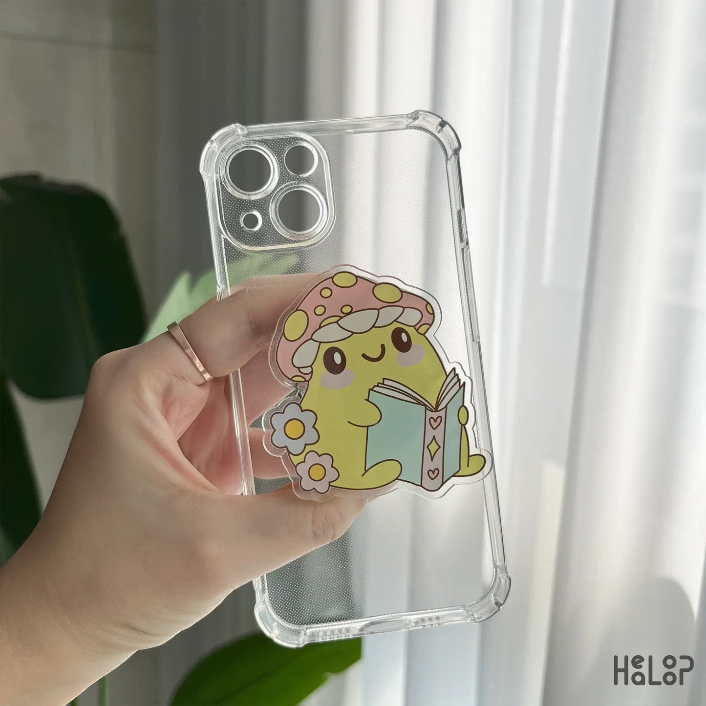 Mushroon bookish phone grip on transparent phone case