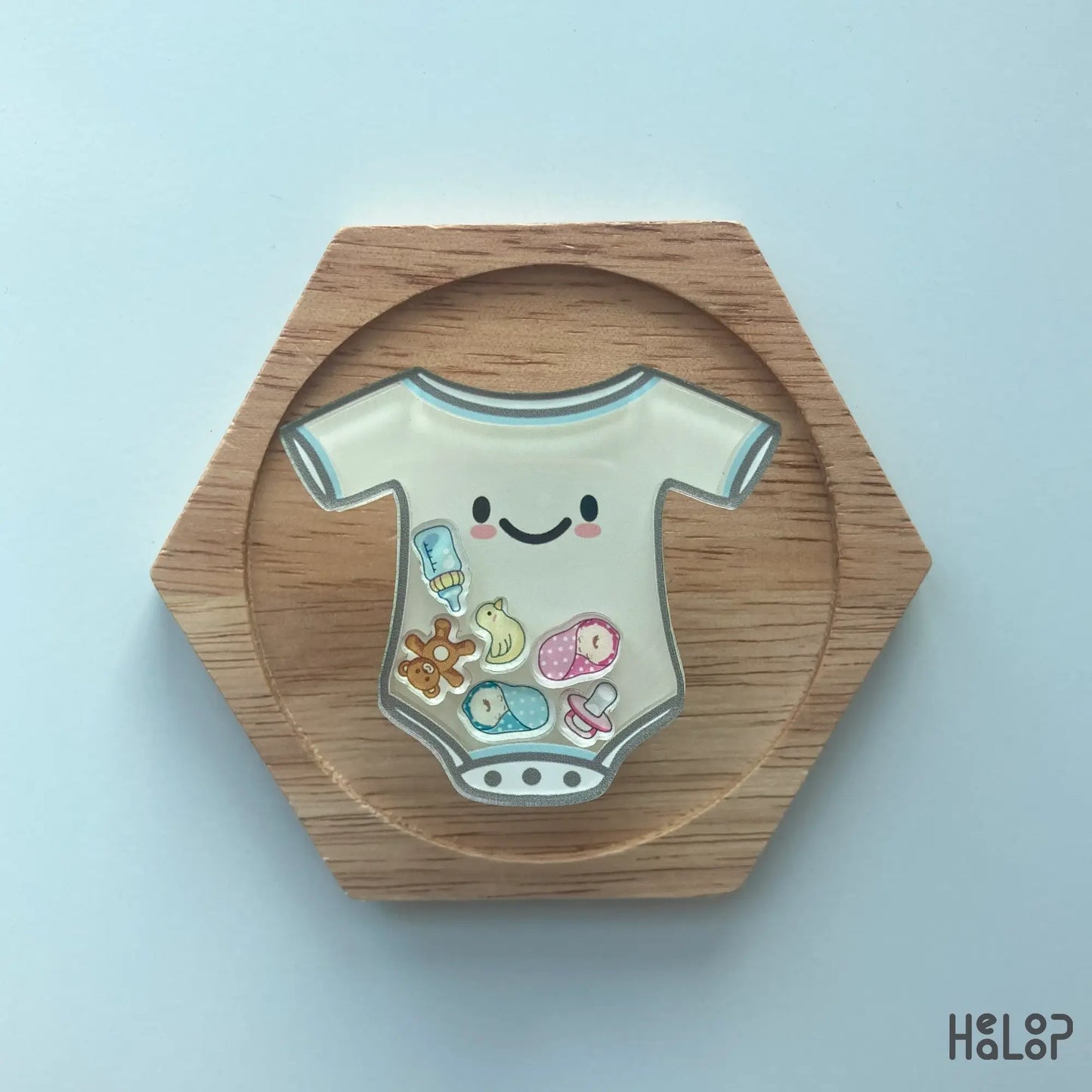 NICU baby onesie shaker phone grip on wooden display, cute acrylic GripTok
