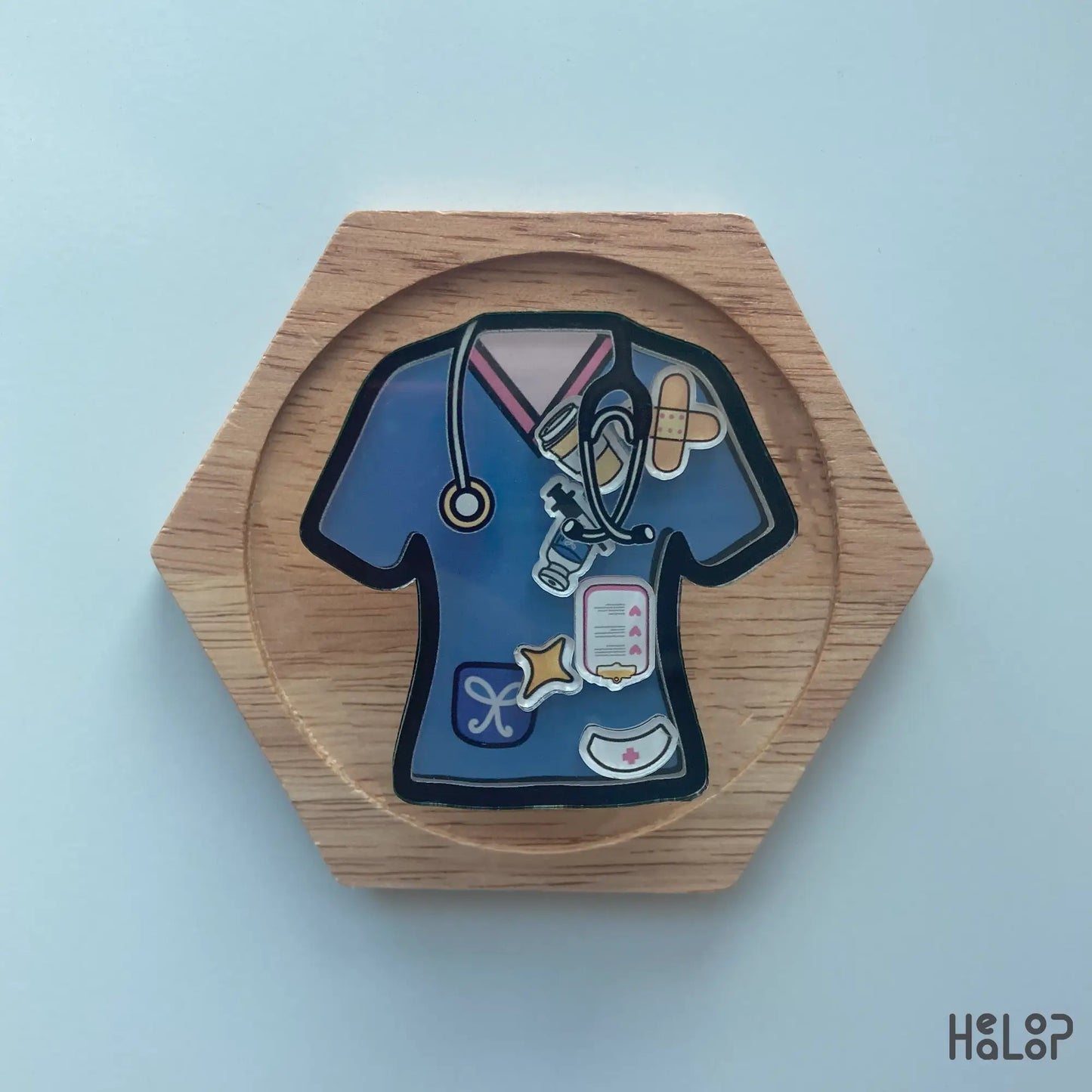 nurse shaker phone grip in blue scrub design with stethoscope and medical charms
