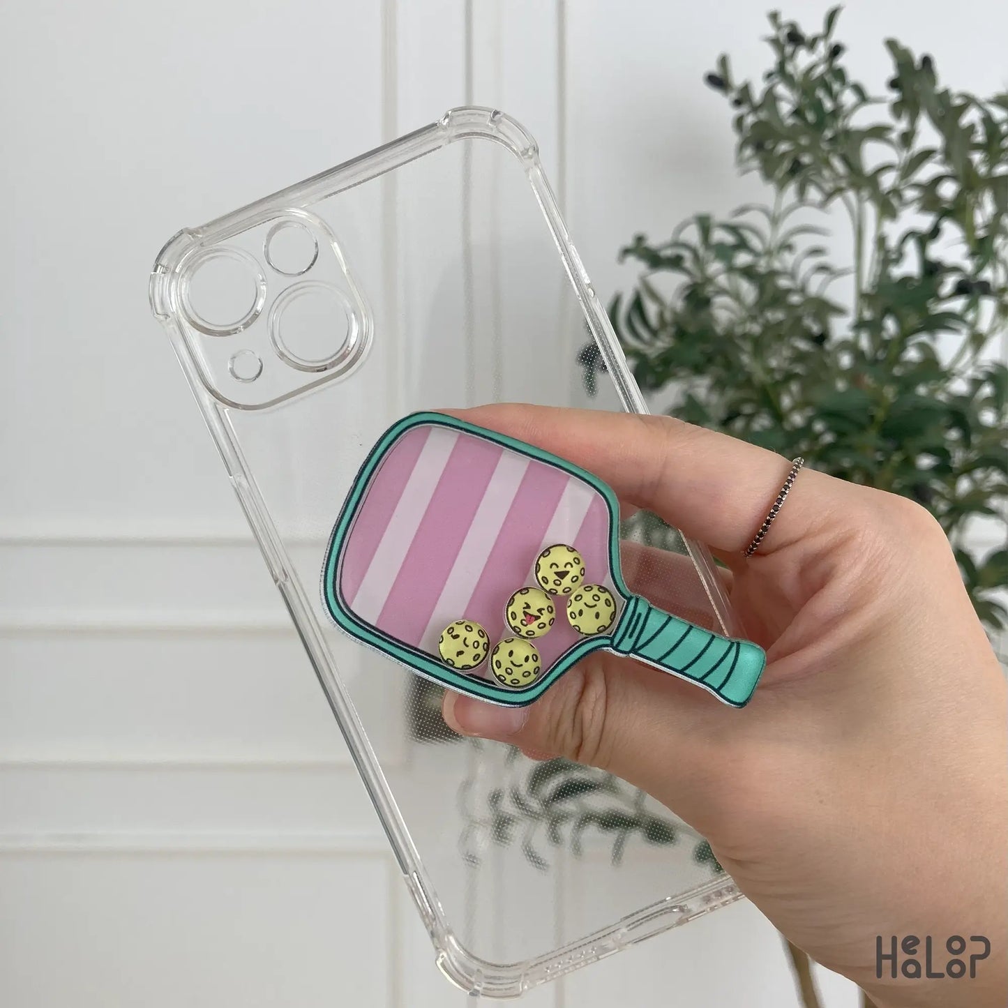 Pickleball shaker phone grip on clear phone case