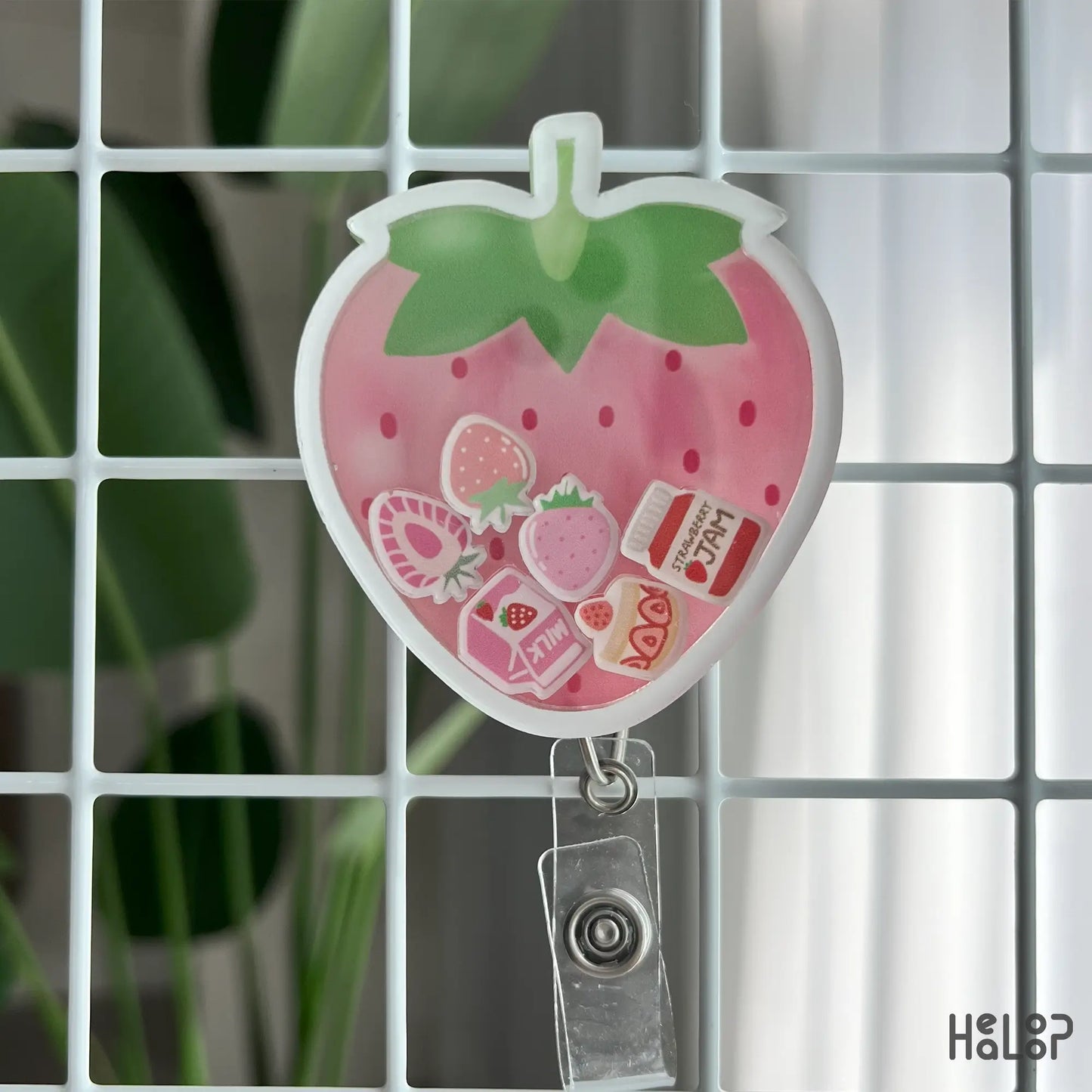 Strawberry shaker badge reel displayed on grid, retractable nurse ID clip for summer