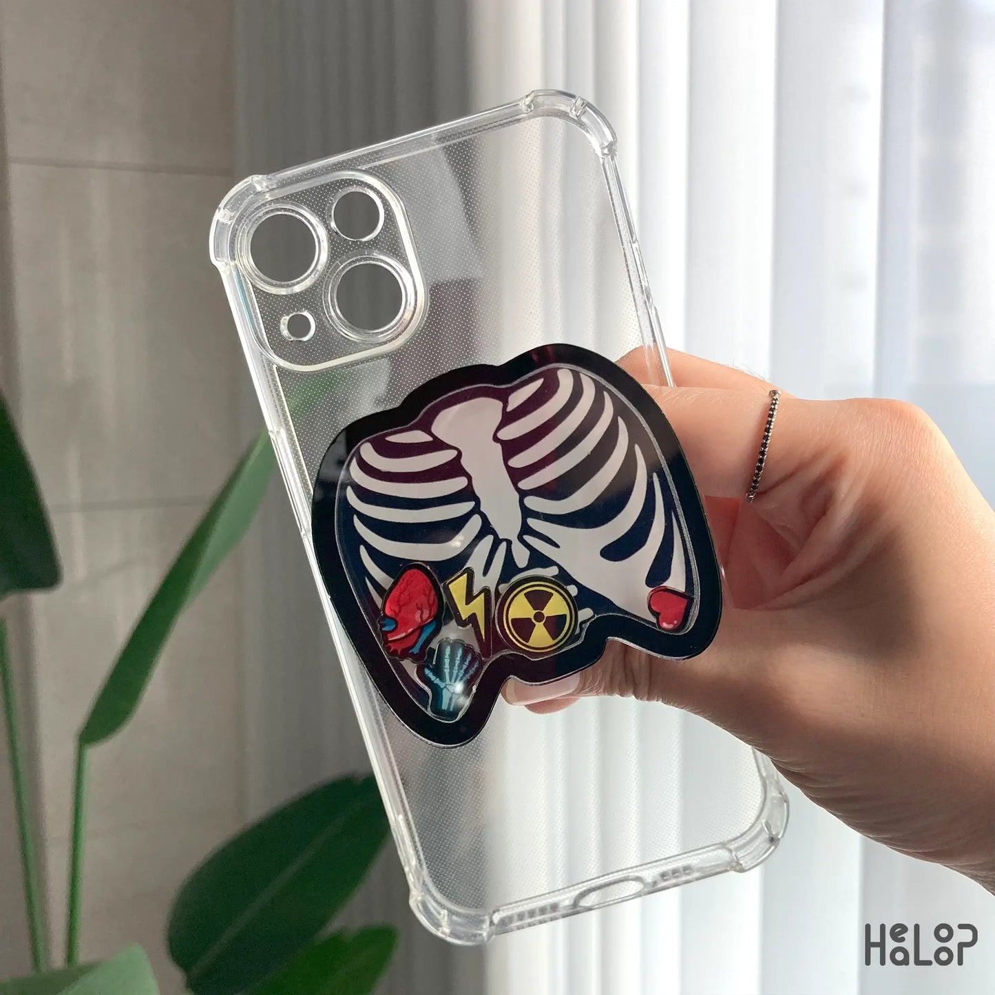 Xray phone grip for radiology technicians on clear phone case