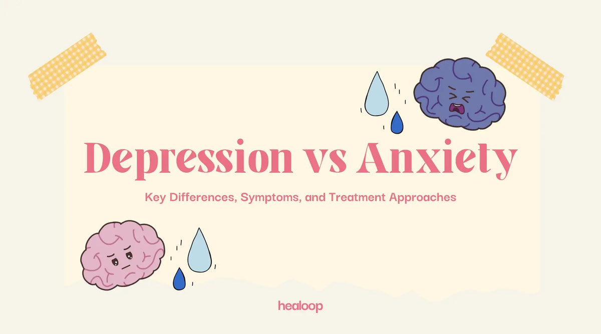 Illustration showing the differences between depression and anxiety, with one side symbolizing calmness for depression and the other side showing a worried expression for anxiety. Text reads 'Depression vs Anxiety' to convey mental health awareness.