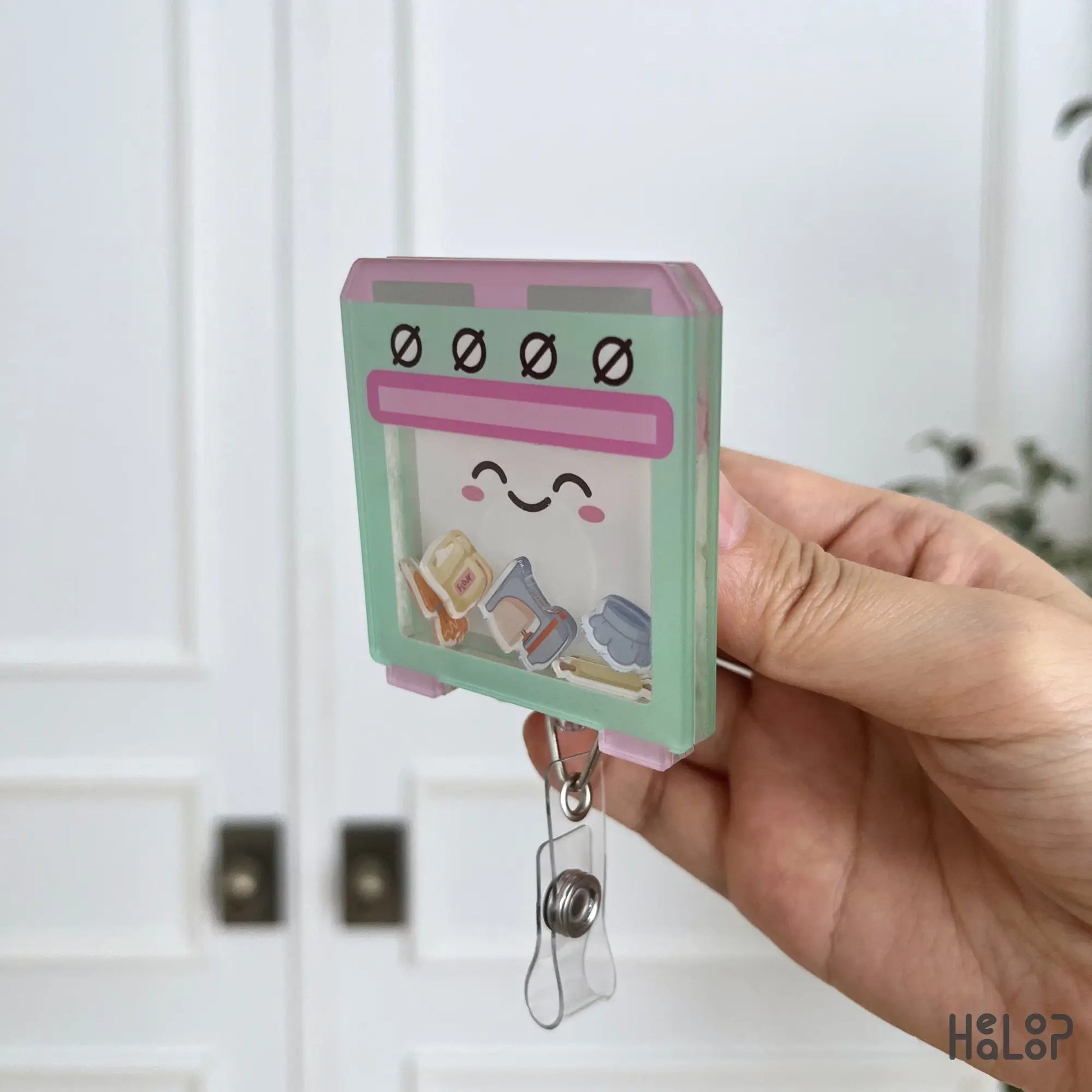 Layered acrylic baking shaker badge reel with cute oven design and floating baking accessory charms