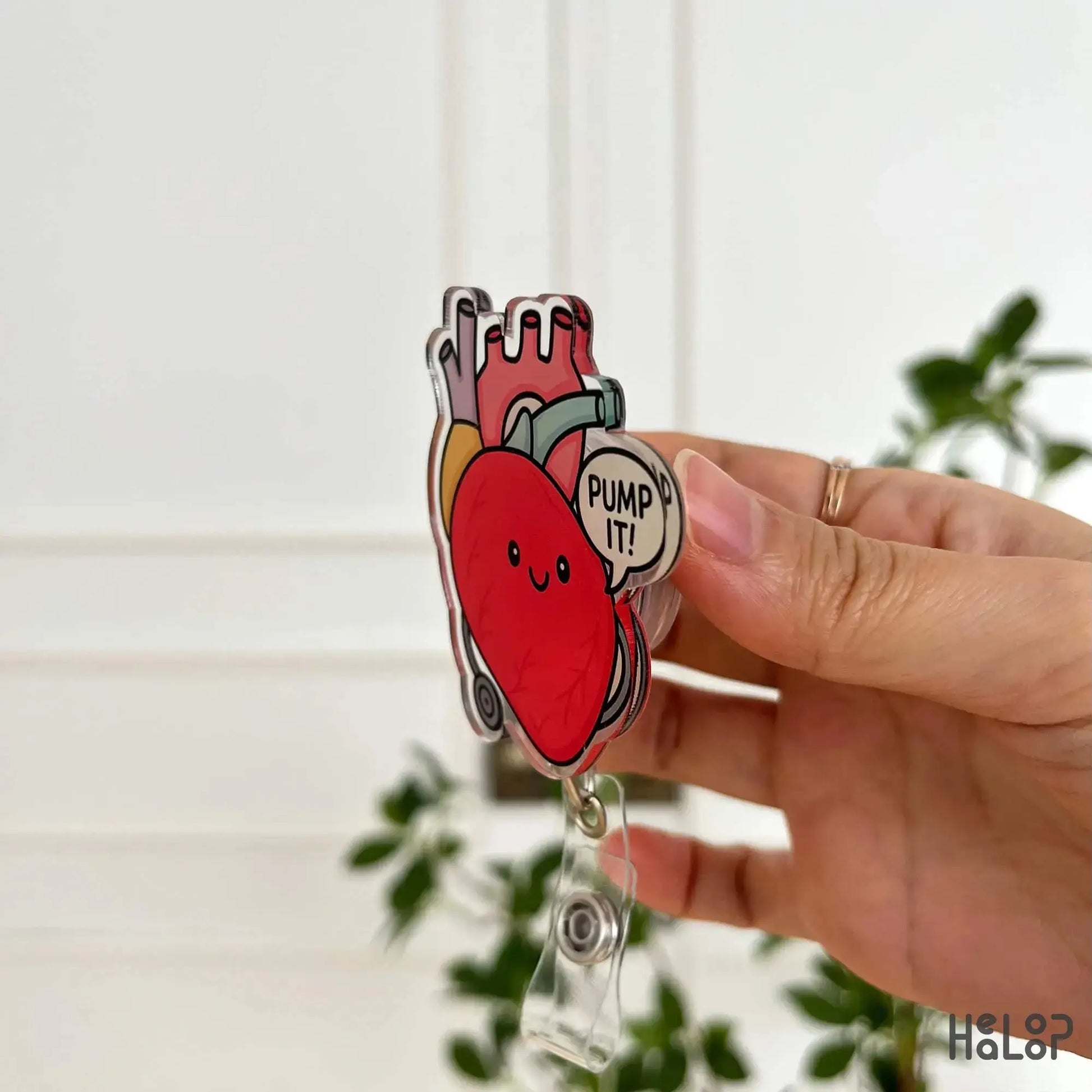 anatomical heart badge reel with fun “Pump It!” design – retractable clip for healthcare staff