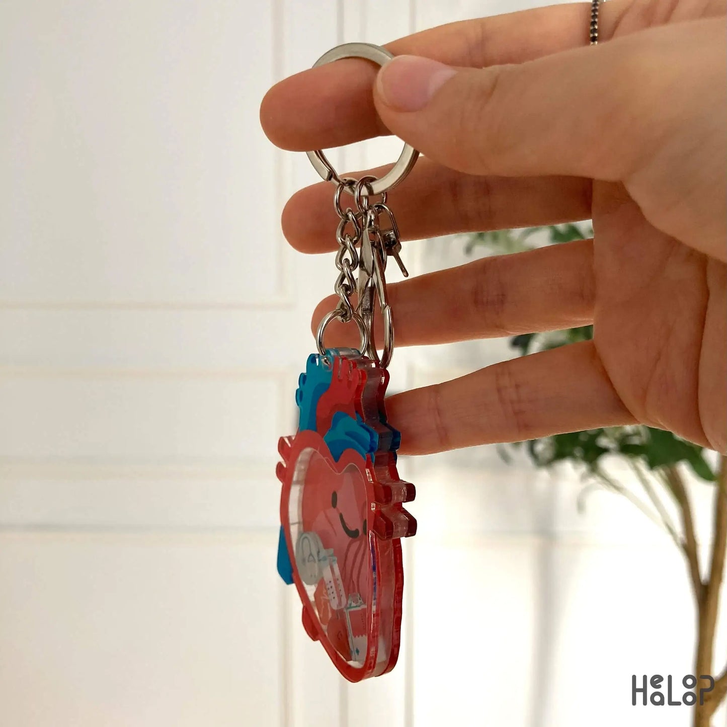 Side angle view of anatomical heart acrylic keychain