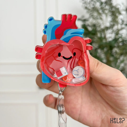Anatomical heart shaker badge reel with cute medical charms, retractable ID holder