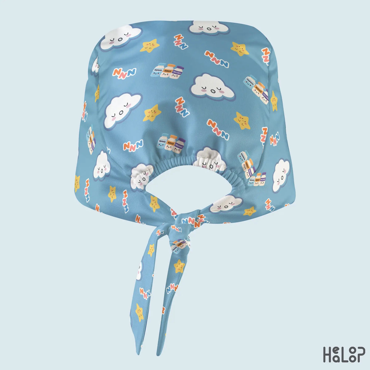 Anesthesia classic scrub cap in blue with cute sleepy clouds, stars, and anesthesia medication vials, showing the elastic back opening and adjustable tie closure.