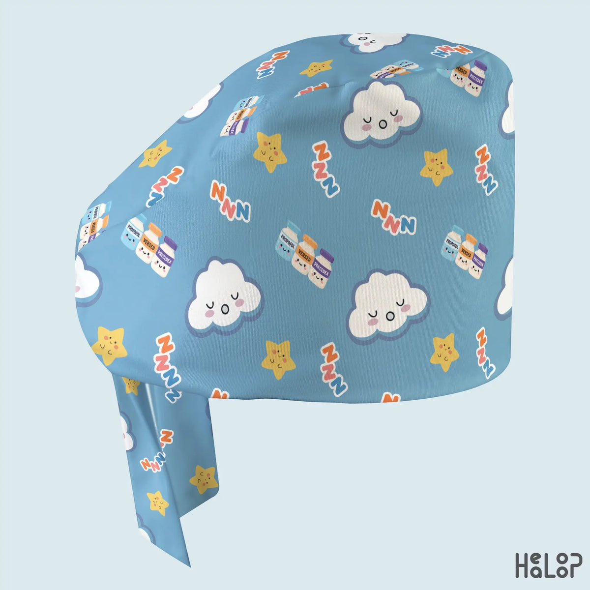 Blue anesthesia surgical scrub cap side view featuring smiling stars, sleepy clouds, Zzz lettering, and illustrated medication vials with matching blue fabric ties.