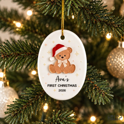 Personalized teddy bear Baby's First Christmas ornament displayed on a Christmas tree
