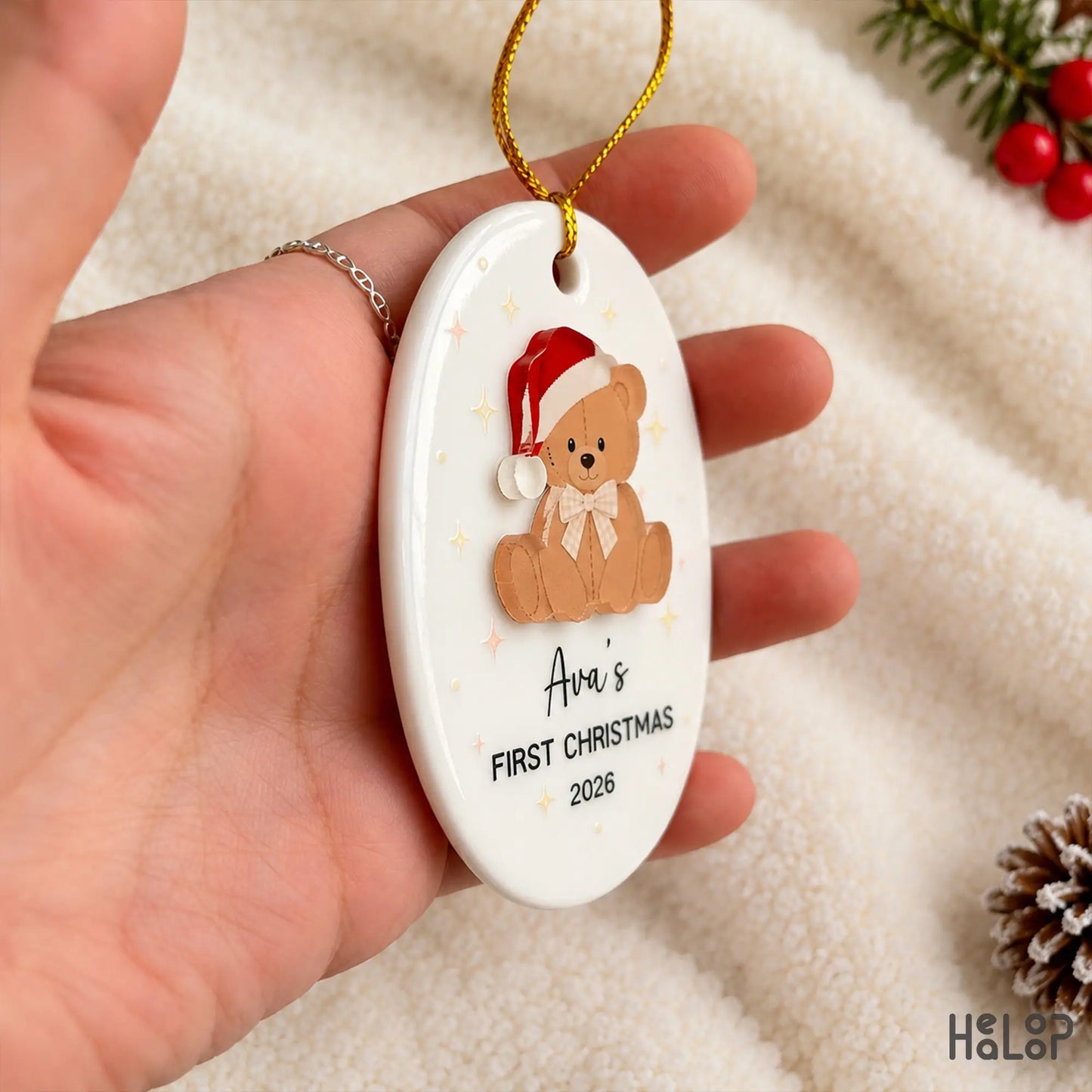 Side view of personalized Baby's First Christmas ceramic and acrylic teddy bear ornament