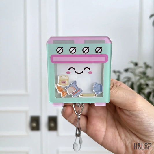 Handmade baking shaker badge reel with smiling oven design flour mixer whisk rolling pin and oven mitt charms perfect for baking lovers
