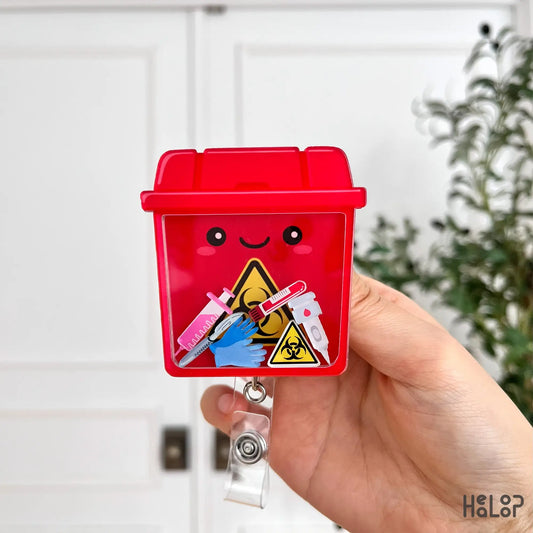 Biohazard sharps container shaker ID badge reel for medical professionals