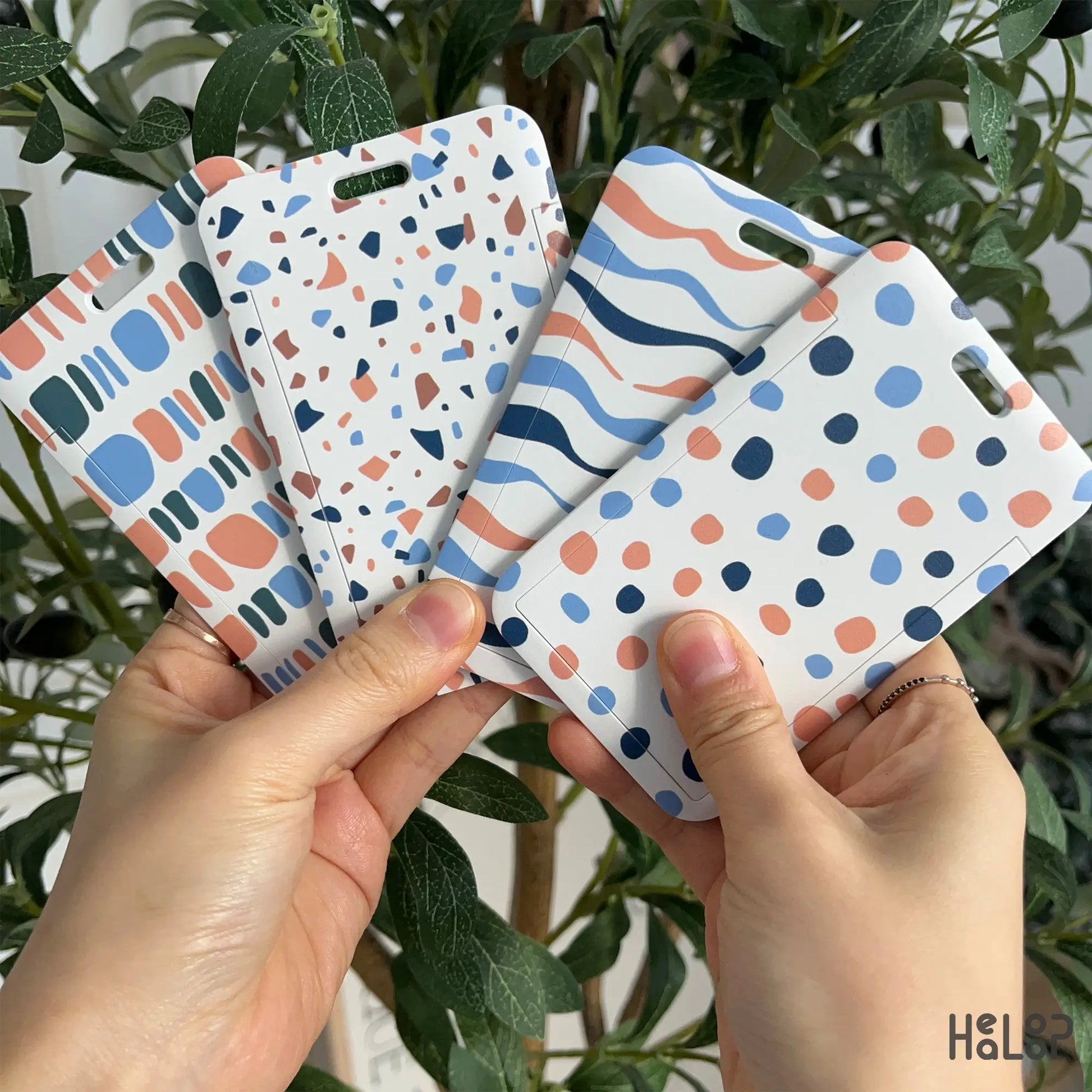 Boho abstract ID badge holder collection with multiple patterns for work and office use