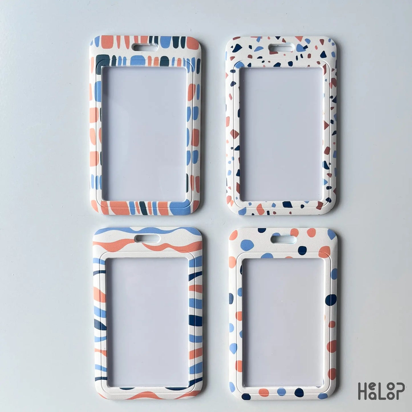 Set of boho abstract ID badge holders in wave, terrazzo, dot and geometric patterns