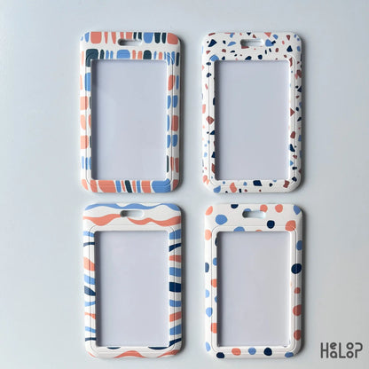 Set of boho abstract ID badge holders in wave, terrazzo, dot and geometric patterns