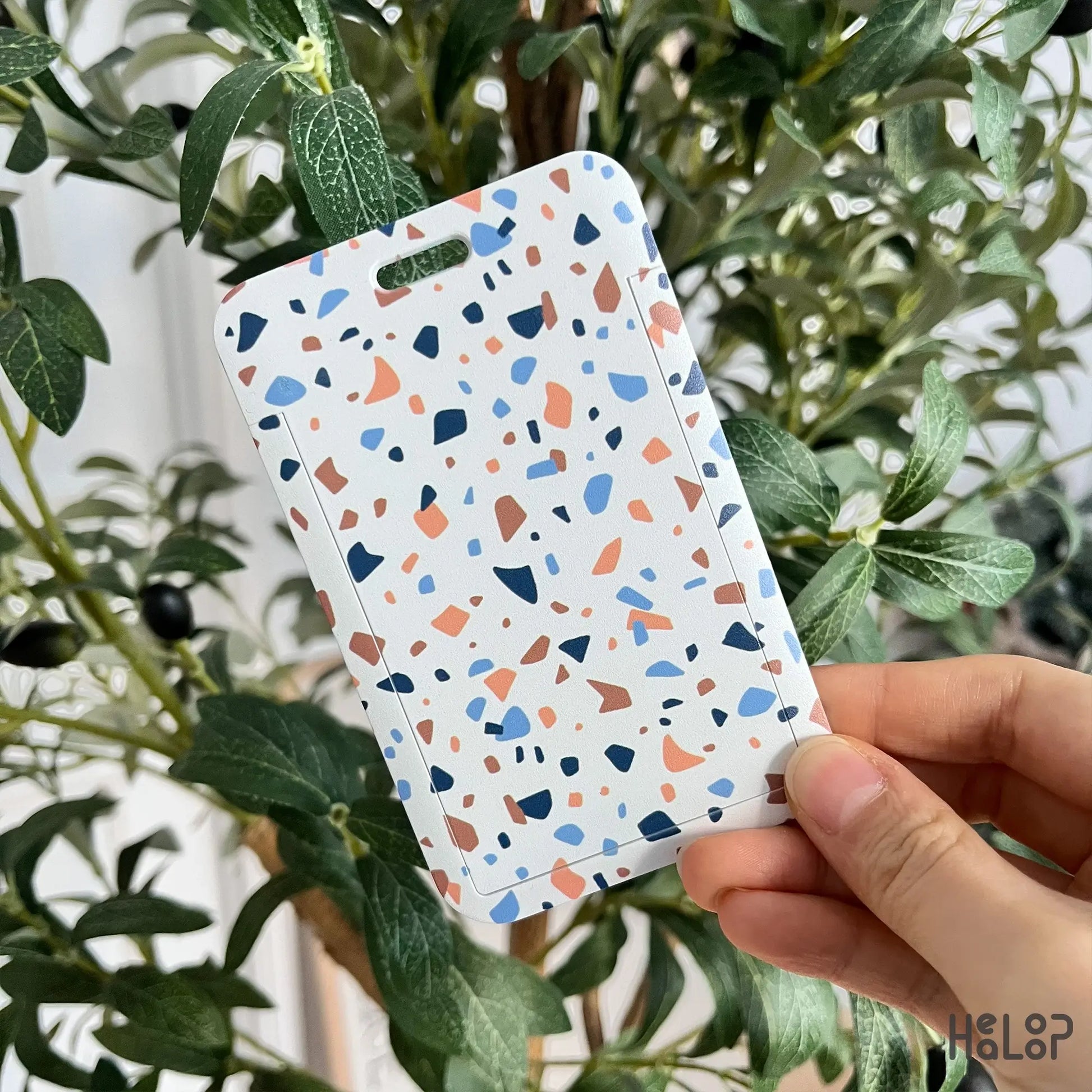 Terrazzo style boho abstract ID card holder, modern plastic badge holder