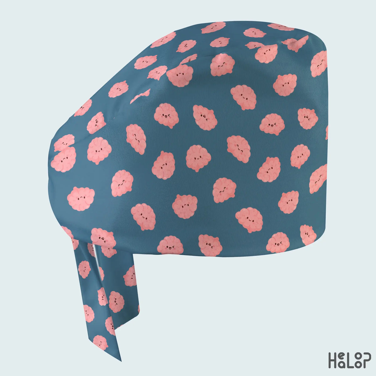 Brain Classic Scrub Cap side view showing pink smiling brain illustrations on teal-blue fabric and matching ties, a cute surgical hat for nurses and doctors.