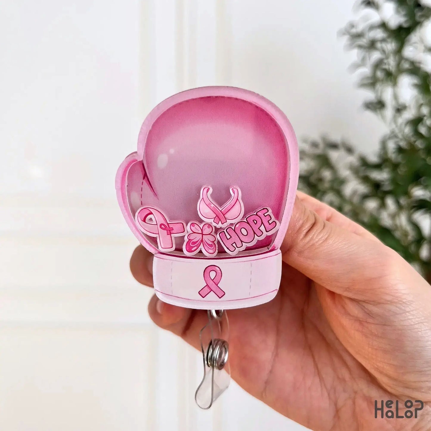 Breast cancer awareness shaker badge reel with pink ribbon hope design