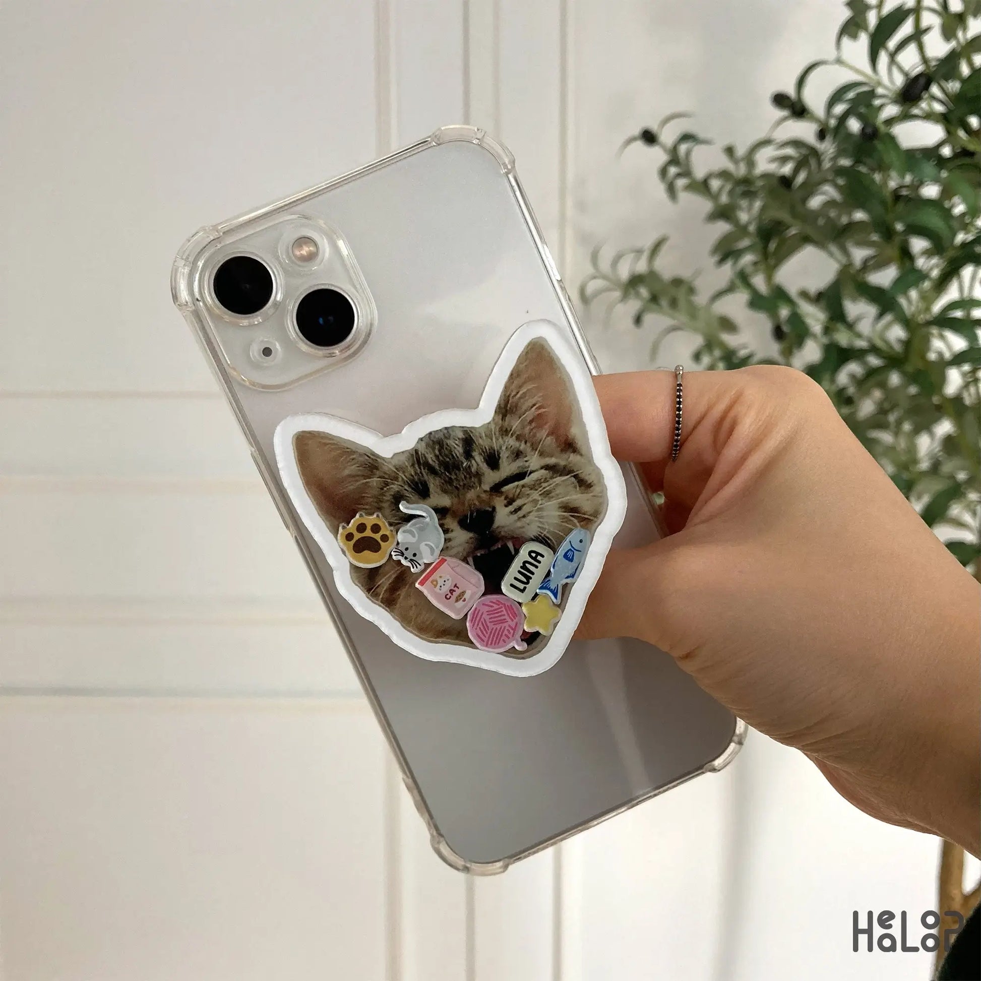 Custom cat photo phone grip with kawaii charms attached to smartphone