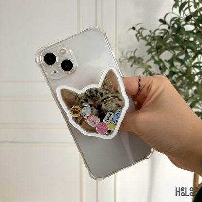 Custom cat photo phone grip with kawaii charms attached to smartphone