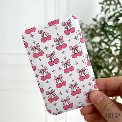 cherry and pink bow cute ID badge holder for medical and office staff