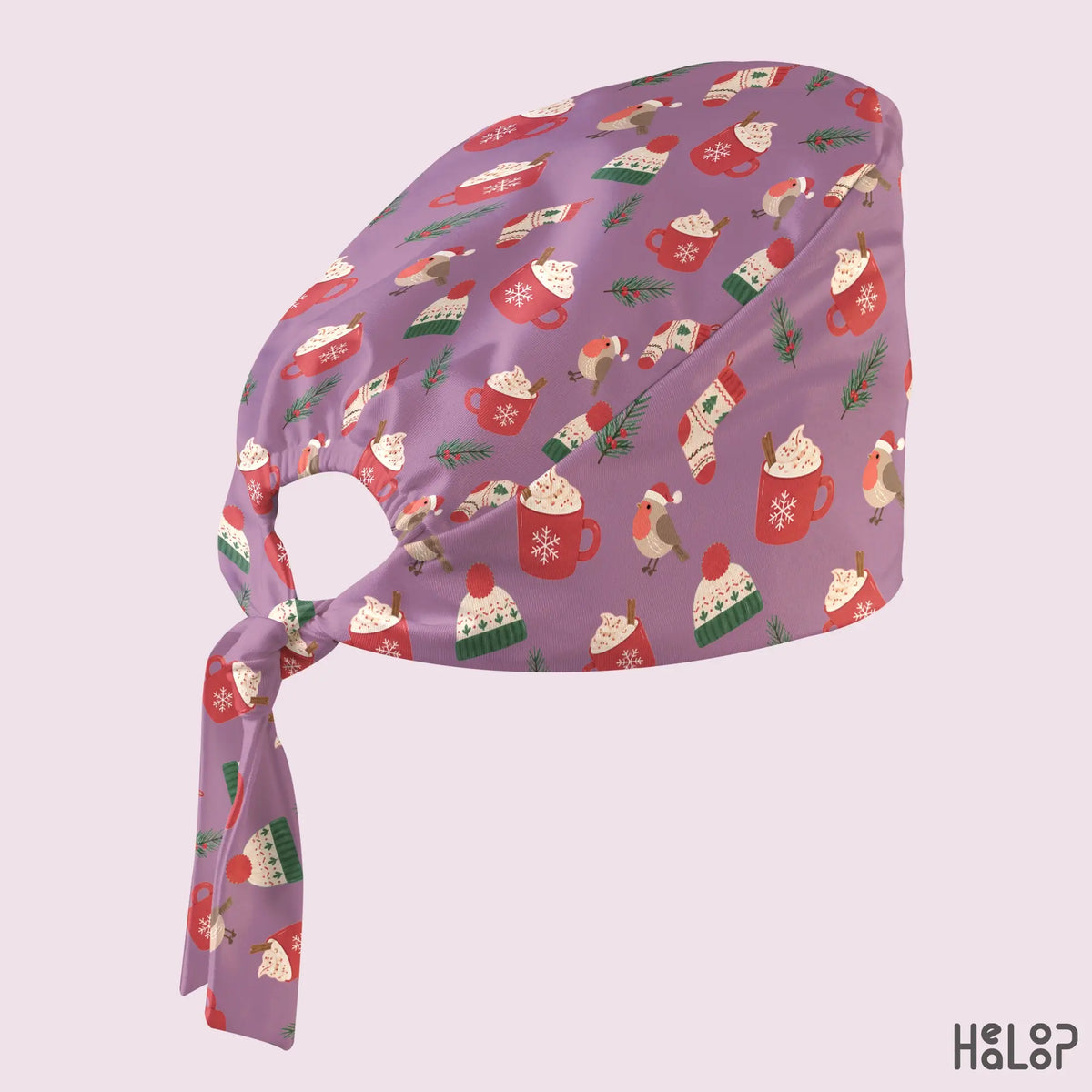 Christmas Classic Scrub Cap in purple with hot chocolate mugs, festive stockings, winter hats and Christmas birds, shown from the side with matching ties.