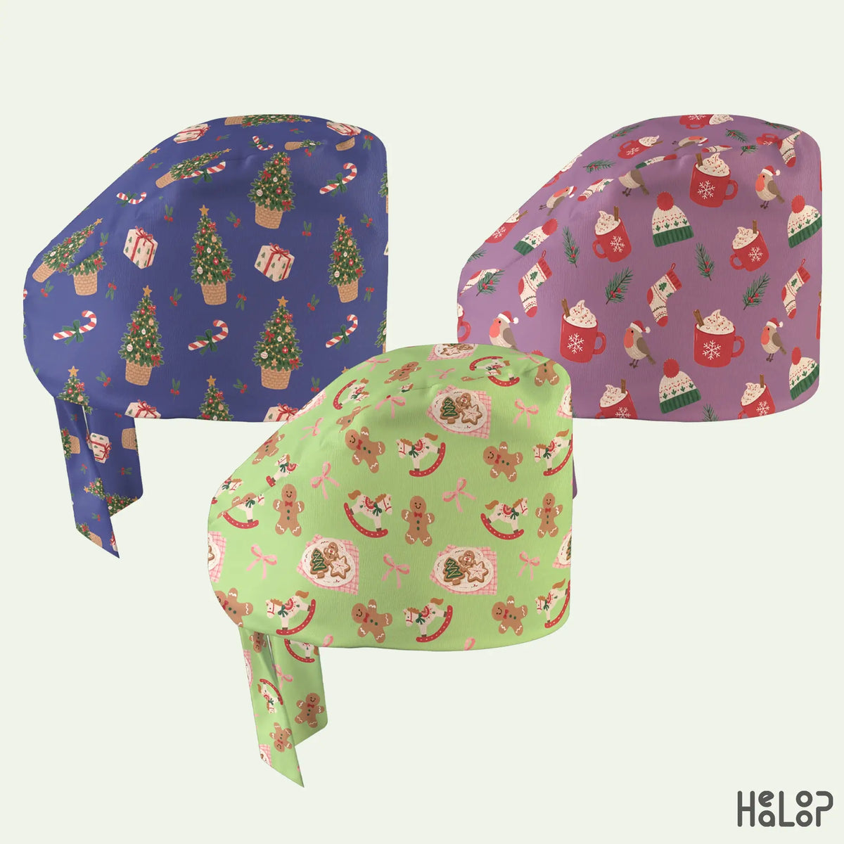 Christmas Classic Scrub Cap collection featuring three festive holiday surgical hats in blue Christmas tree, purple cozy winter and green gingerbread patterns.