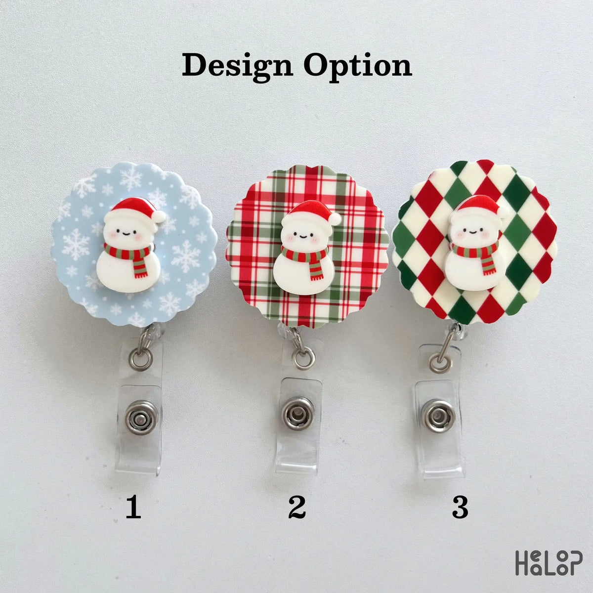 Christmas Snowman Badge Reel with three background options including blue snowflakes, holiday plaid and red green argyle
