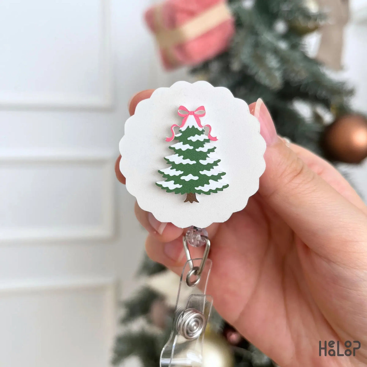Christmas tree retractable badge reel with snowy tree and pink bow