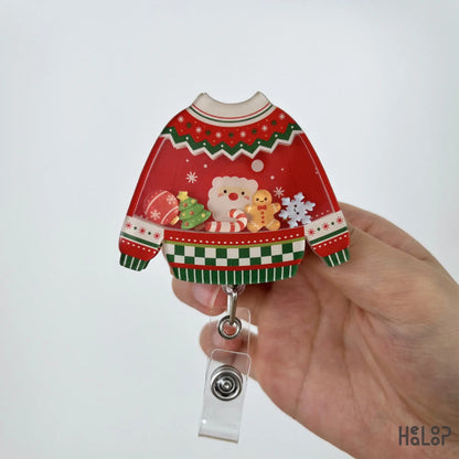 Christmas Ugly Sweater Shaker Badge Reel with Santa and festive holiday charms for nurses, teachers, and healthcare workers