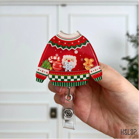 Christmas Ugly Sweater Shaker Badge Reel with Santa and festive holiday charms for nurses, teachers, and healthcare workers