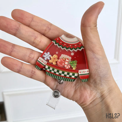 Cute Christmas Ugly Sweater Shaker Badge Reel with Santa, Christmas tree, gingerbread cookie, candy cane, ornament, and snowflake charms