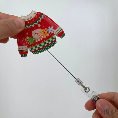 Christmas Ugly Sweater retractable shaker badge reel featuring festive holiday moving charms