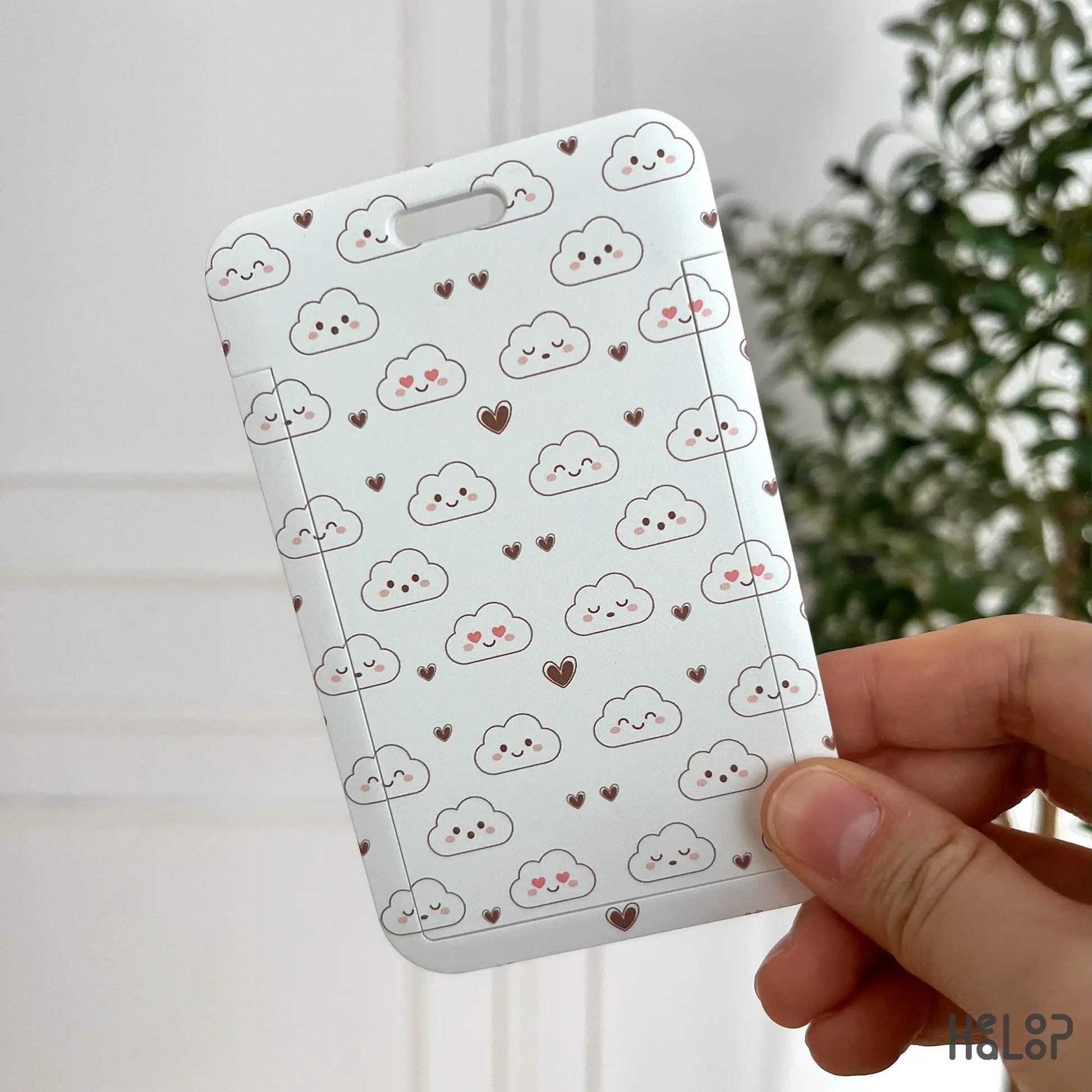 kawaii cloud pattern ID badge holder with small hearts — soft and minimalist style