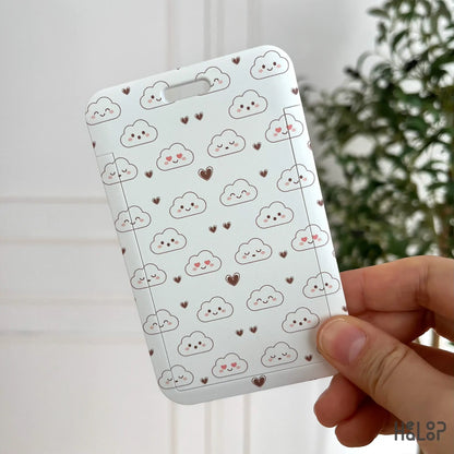 kawaii cloud pattern ID badge holder with small hearts — soft and minimalist style