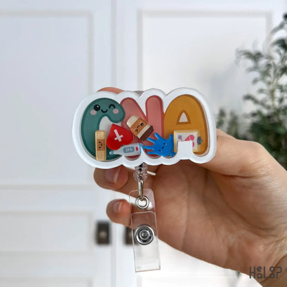 Front-facing CNA shaker badge reel with detailed medical-themed artwork.