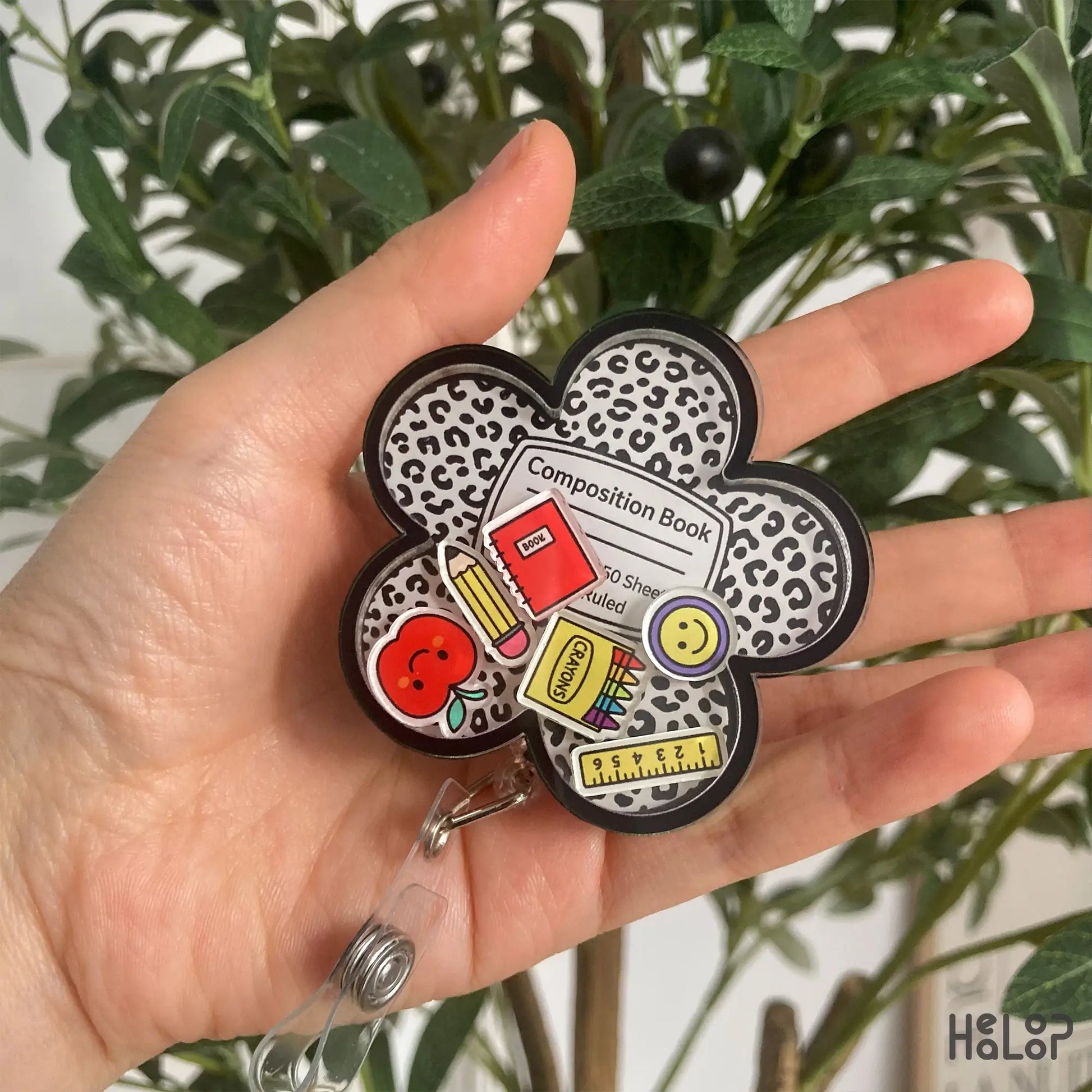 Composition Book Shaker Badge Reel – cute leopard flower design with school supply charms