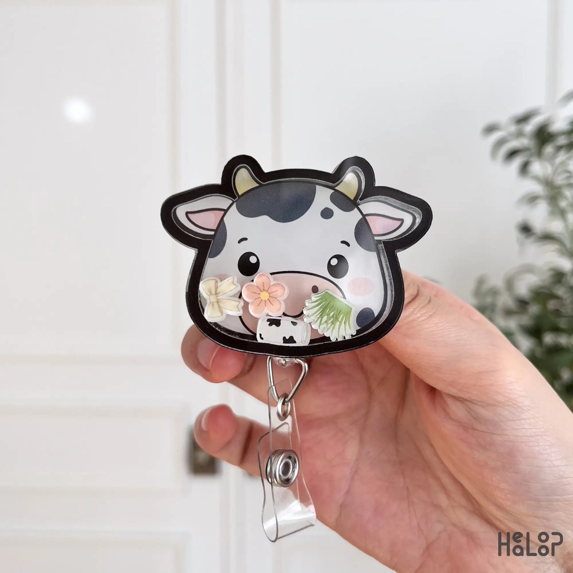front view cute cow shaker badge reel nurse badge holder kawaii animal design