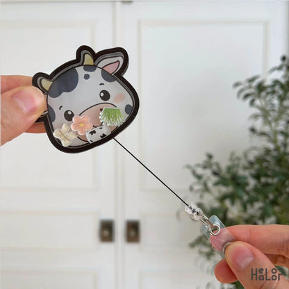 cute cow badge reel with retractable cord extension nurse id holder animal design